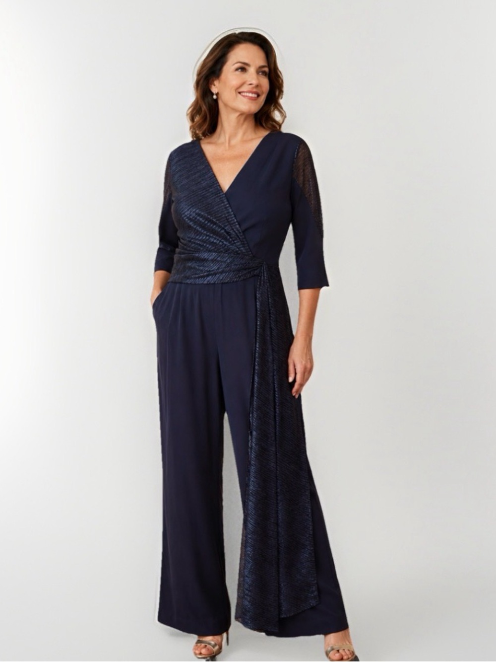 Tahari ASL Navy Metallic Jumpsuit Size 14 Wide Leg Pants Formal Evening Wedding